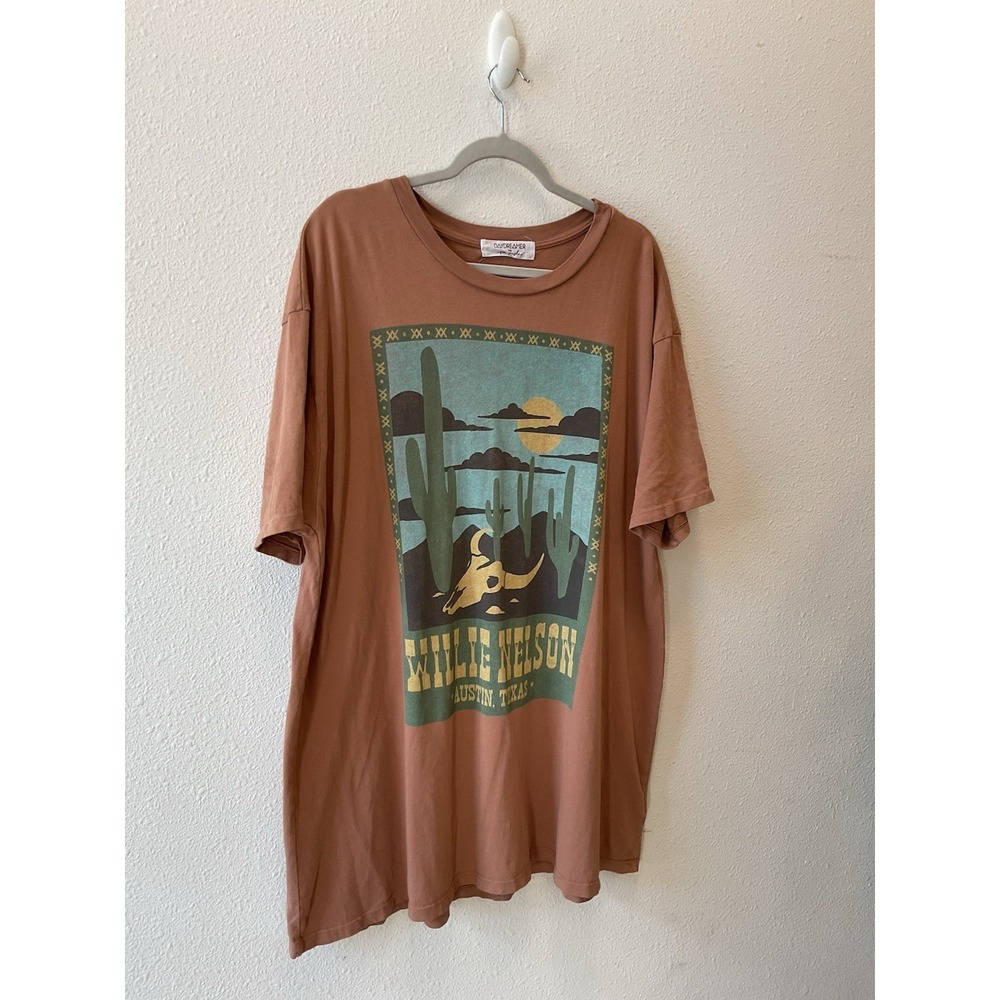 Free People Rust Brown Desert Graphic Tee with Green and Mustard Print - Picture 2 of 9